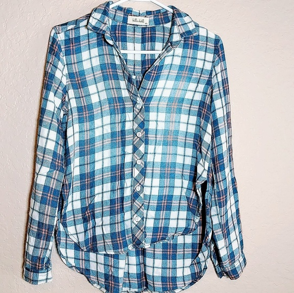 Bella Dahl button down plaid hi low Indigo top - Picture 3 of 8